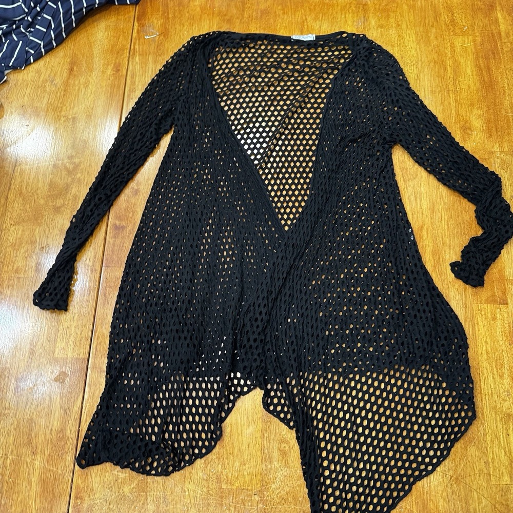Aquavita Black Open Knit Mesh Cardigan Duster Cover Up Long Sleeve Boho Resort M